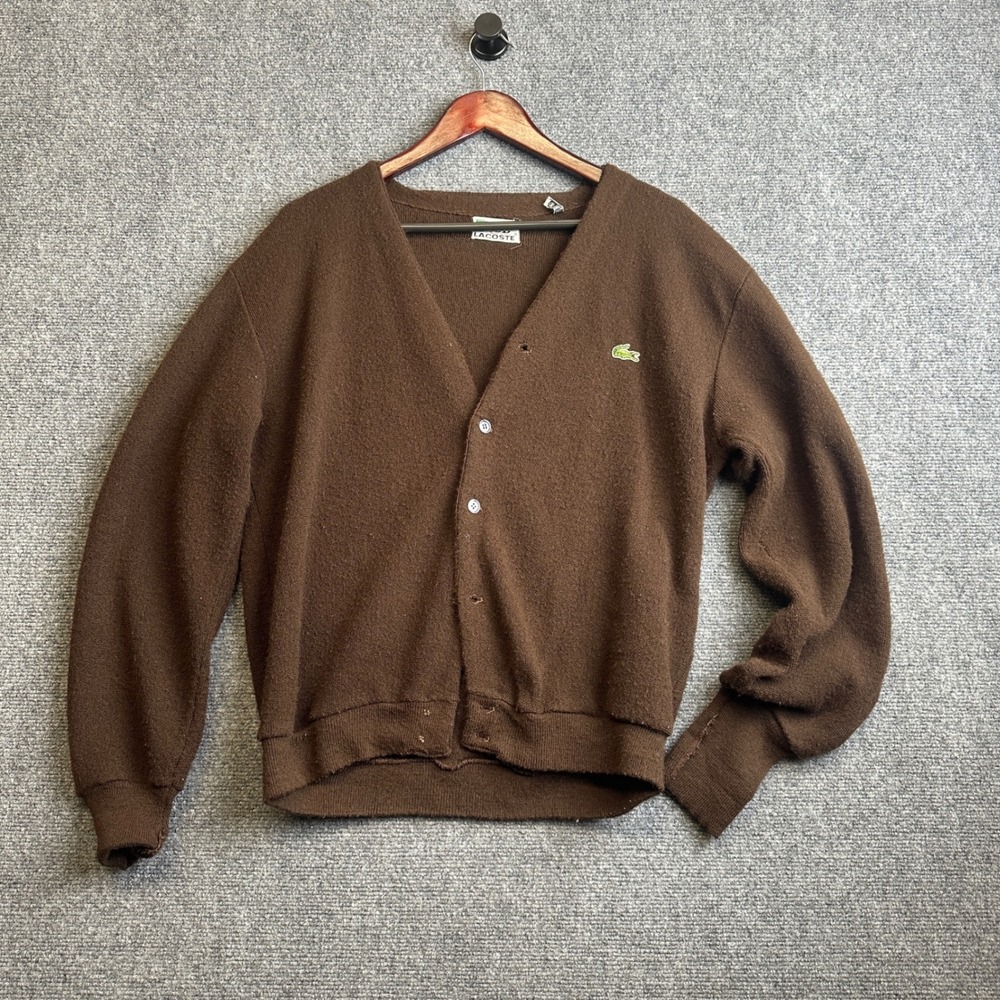 Vintage Izod Lacoste Cardigan Mens M Brown Orlon Acrylic Knit Sweater 70s‎ 80s